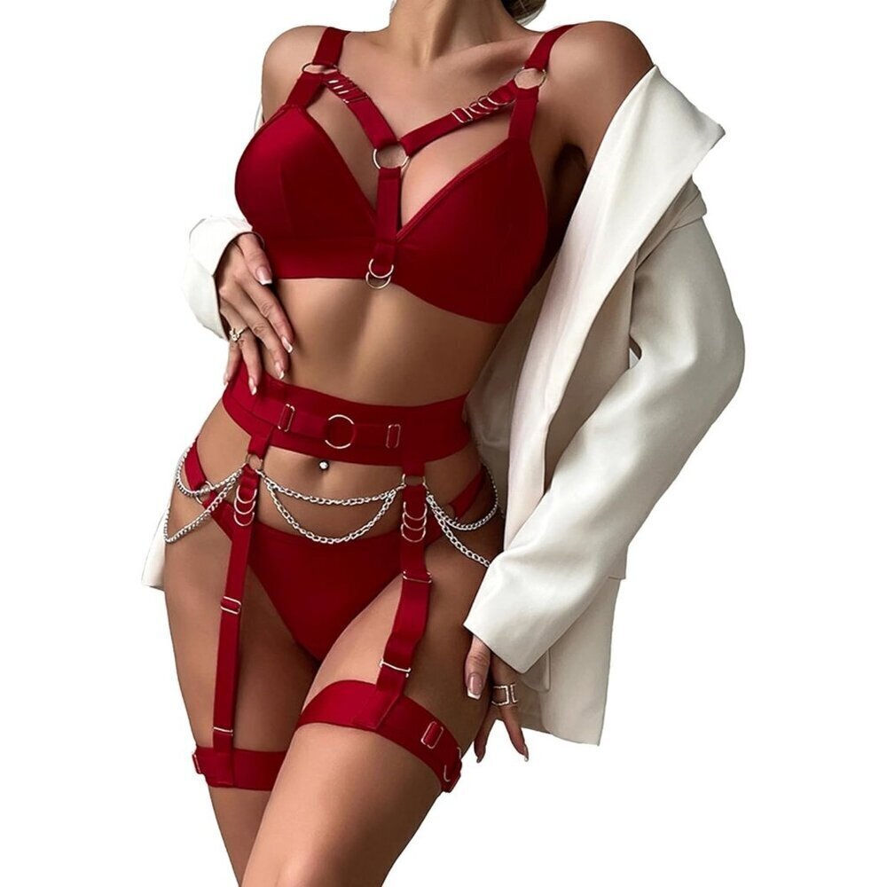 Women Wine Red Naughty 5 Pieces Garter Belt Bodydoll Lingerie Set With Chain